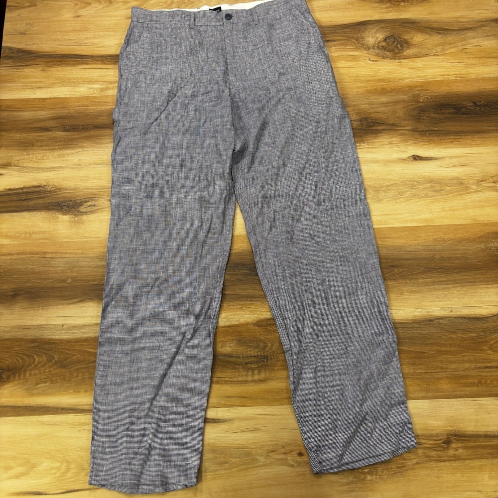 J.Crew Pants Size M Blue White Micro Houndstooth 100% Linen Straight Leg Casual
